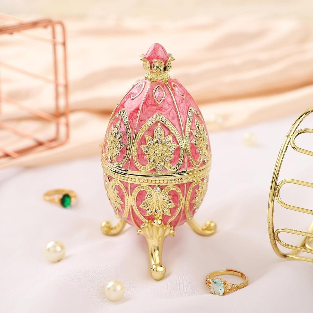 Cloisonne Egg Trinket Box Beautiful Pink with Gold Trim and Rhinestones